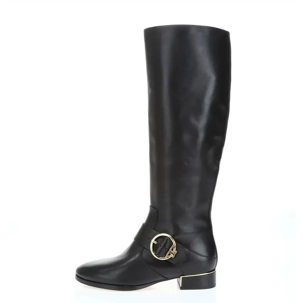 Tory Burch Sophia Black Leather Tall Riding Side Zip Boots 7M Gold Accents Logo